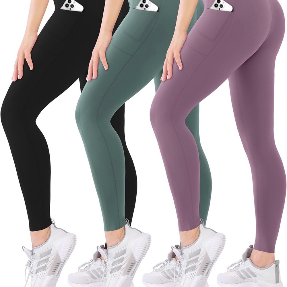 3 Pairs of High-Waist Pocket Leggings for Women - Black, Sage, Mauve